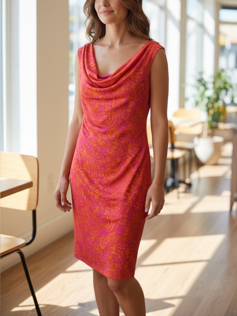 Larry Levine Stretch Orange Pink Print Dress Size XL